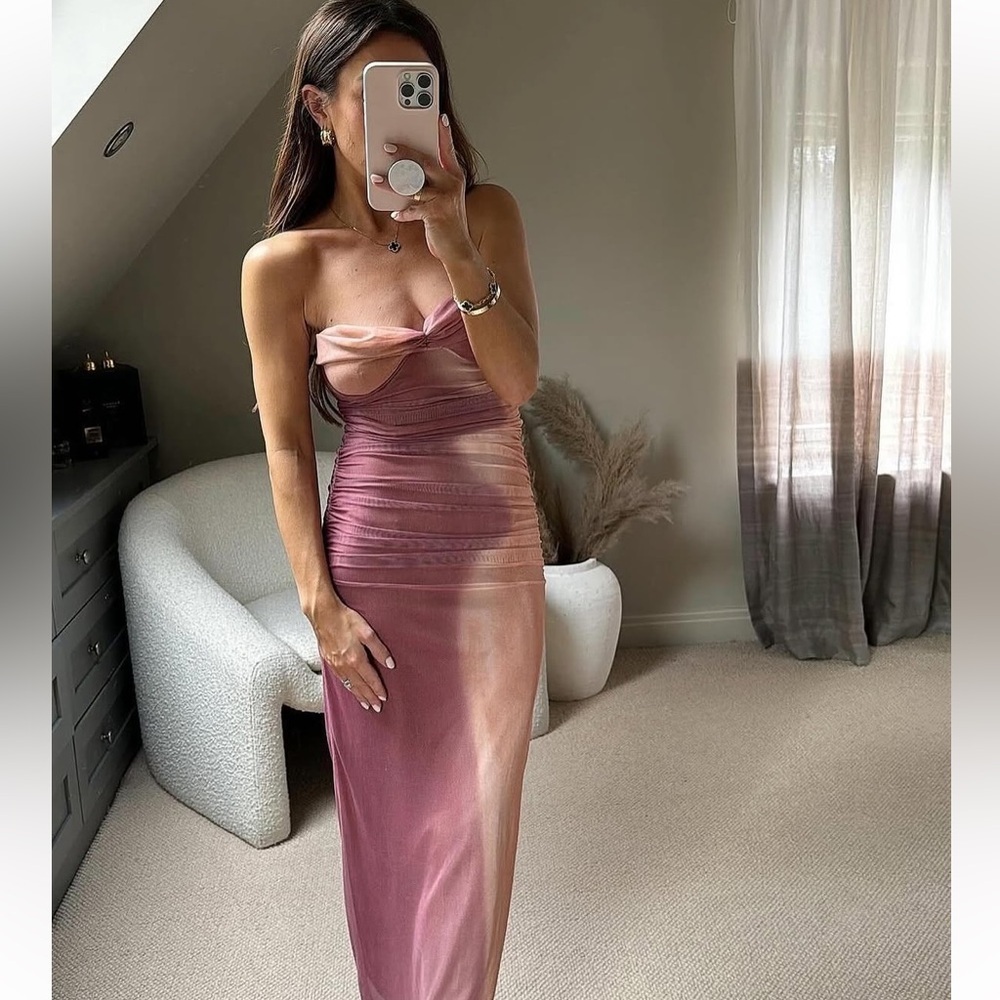 Zara dress maxi midi corset fitted bodycon mesh mauve beige wedding party